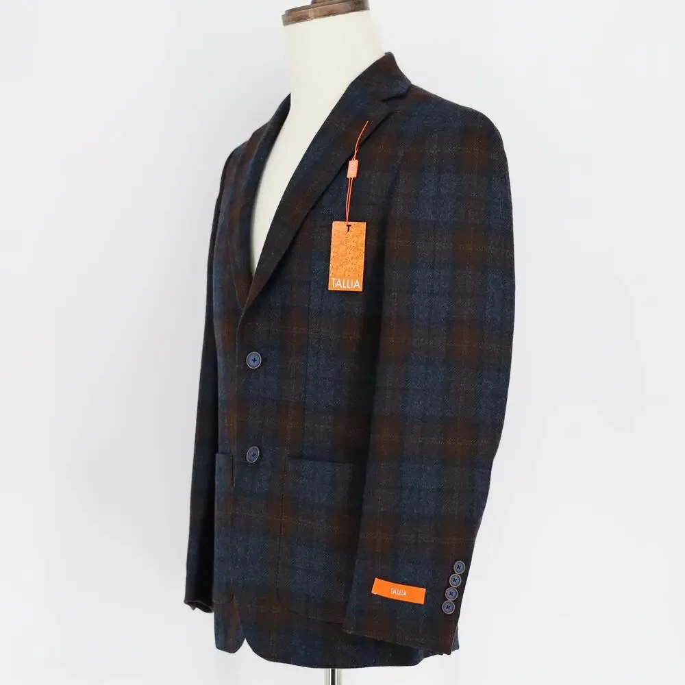 Tallia Men's Blue/Brown Classic Plaid Wool Blend Slim-Fit Sport Coat Size 36R